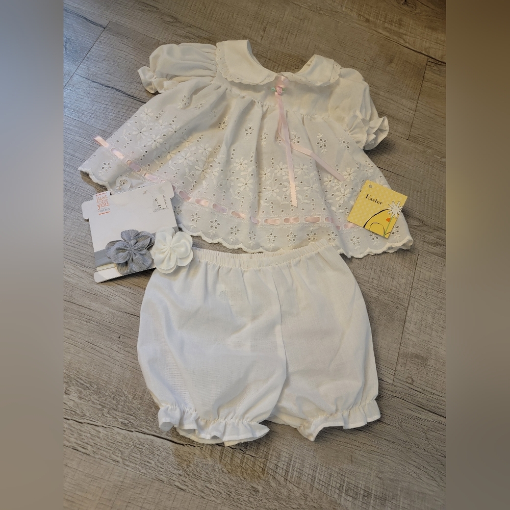 White Eyelet Baby Two-Piece Set with Pink Trim
